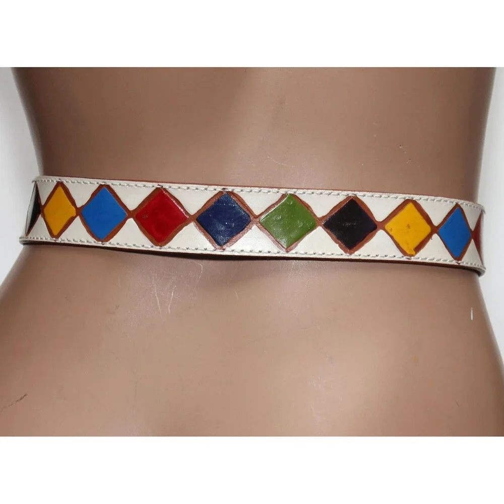 Colorful hand painted Leather Belt White - Color Diamonds - SIZE S/M - 34